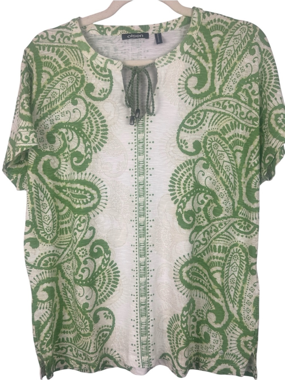 Olsen Cosima Relaxed Fit Green White Rope Tie Paisley Print Slub Knit Medium Top